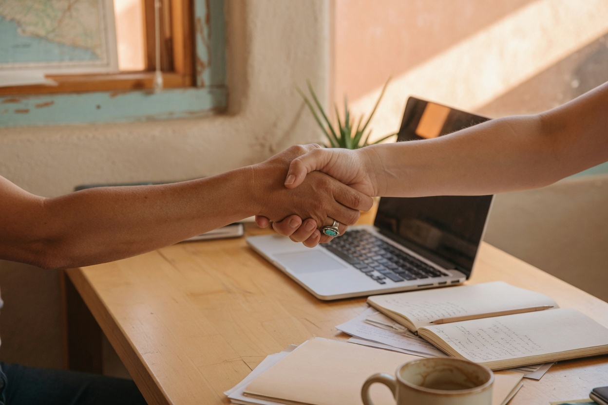 A friendly handshake over a wooden desk with a laptop and a handwritten notebook, an Arizona map framed on the wall.
