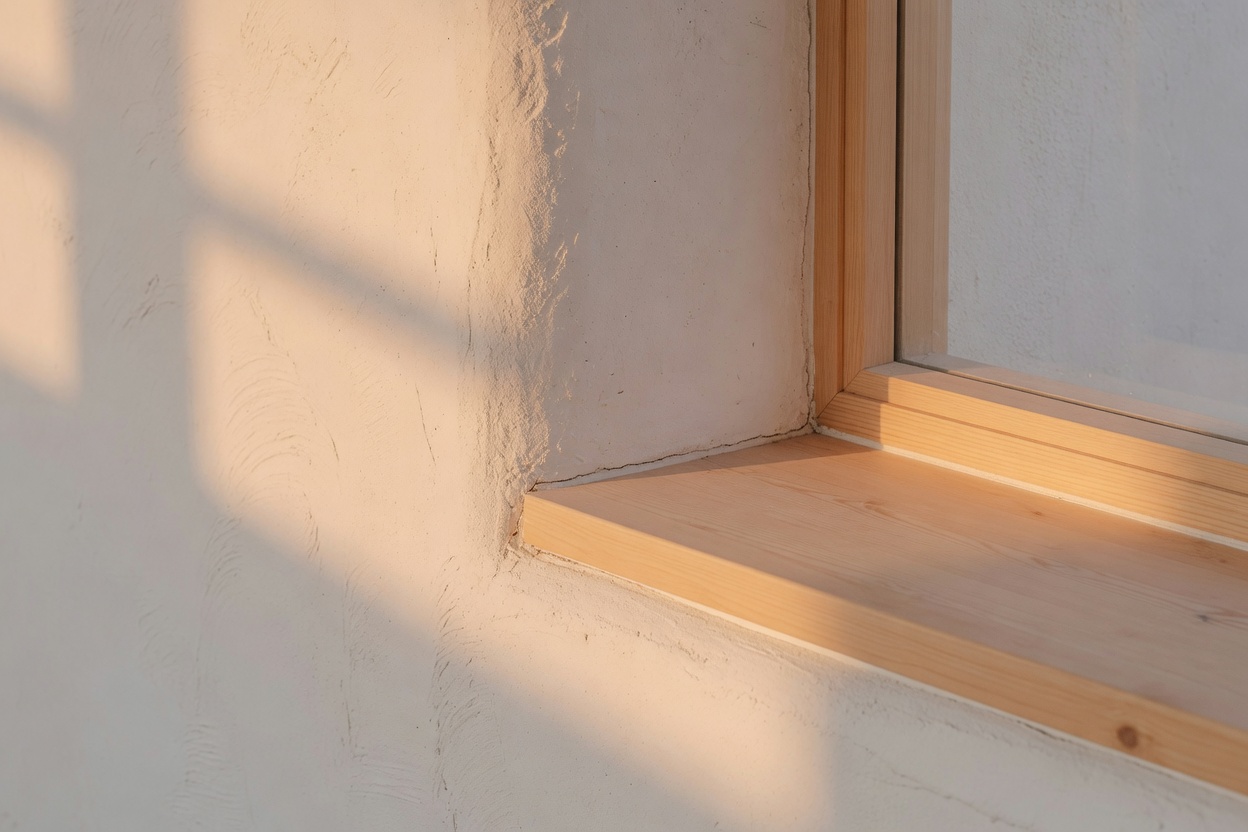 Warm afternoon desert light raking across a white stucco wall meeting a clean wooden windowsill.