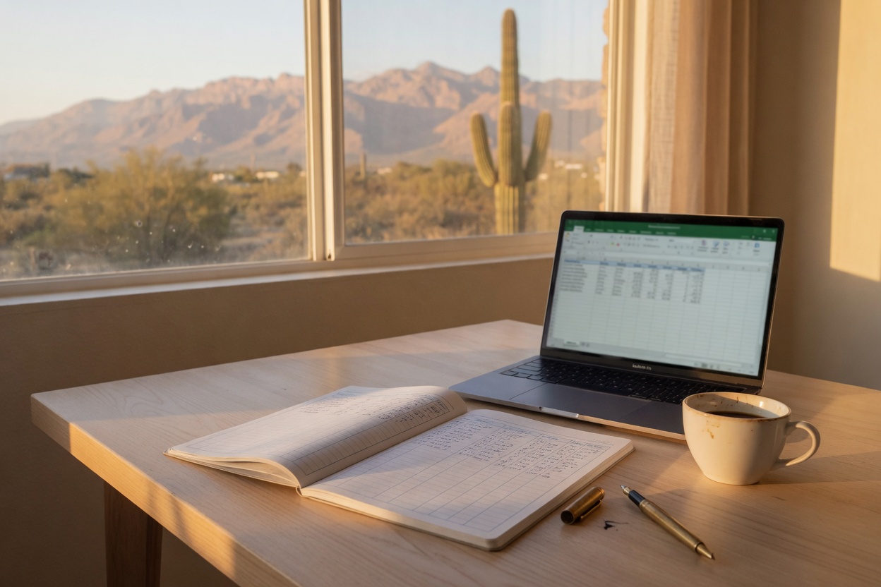 A wooden desk at golden hour with an open paper ledger, a laptop, and a coffee cup; the Santa Catalina mountains and a saguaro visible through the window.