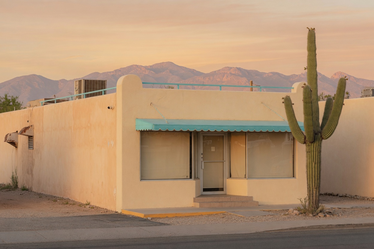 A warm southwestern stucco storefront at golden hour with a saguaro and the Santa Catalina mountains in the distance, Tucson.