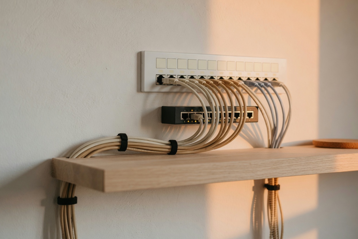 A tidy wall-mounted patch panel and small network switch with neatly dressed cables on a wooden shelf in warm light.
